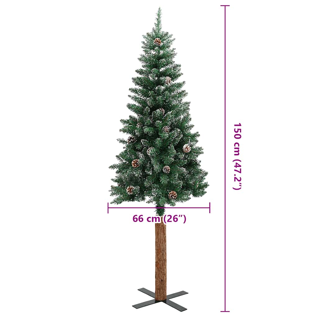 Slim Christmas Tree with Real Wood and White Snow Green 150 cm
